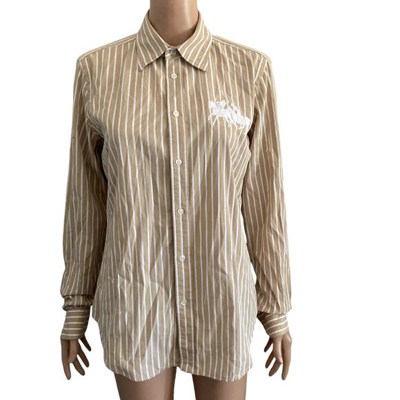 Ralph Lauren Sports Rugby Shirt Mens 14 Button Front Beige White Striped - Picture 1 of 10